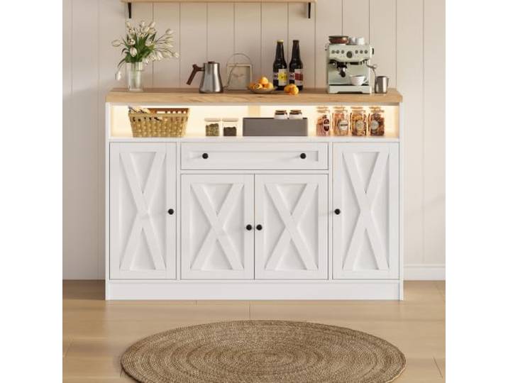 Merax Sideboard, Küchenschrank mit Scheunentor-Design & LED-Beleuchtung, Vorratsschrank mit Schublade und Türablagen, Küche, Esszimmer & Wohnzimmer, 35x140x95cm, Weiß