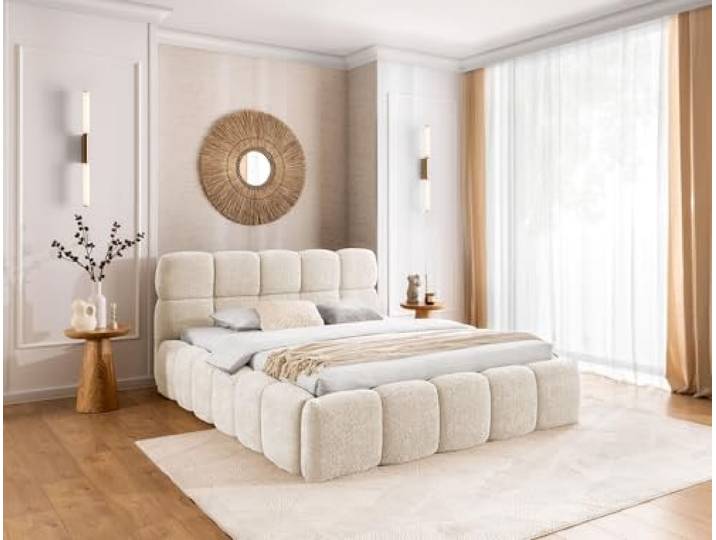 FURNISTAR Polsterbett Sofia 180x200 mit Bettkasten, Doppelbett mit Stauraum und Lattenrost, Boxspringbett-Optik, ohne Matratze, Bett - Creme
