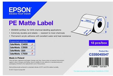Epson S045547 etiqueta PE mate blanca 102x51mm