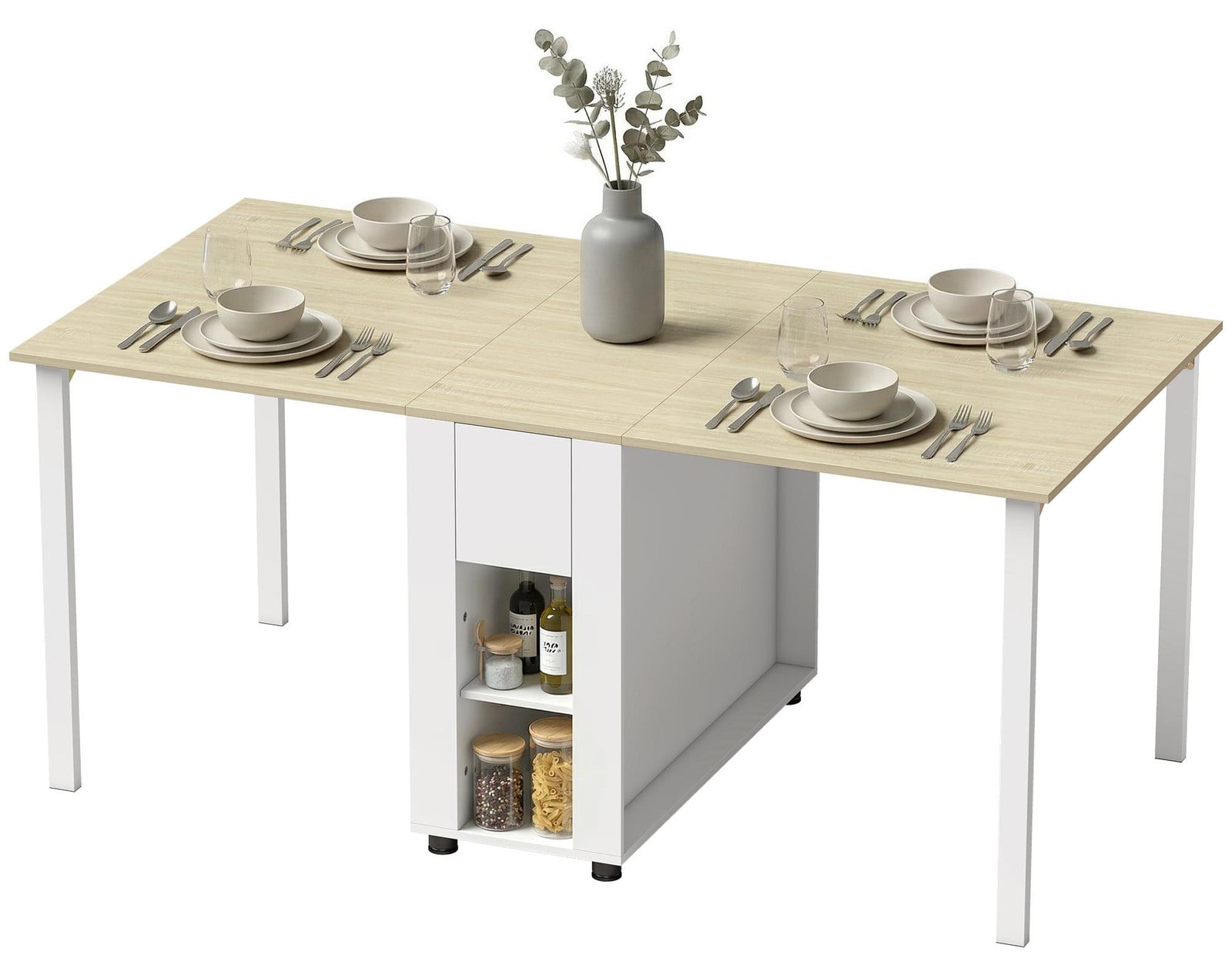 HOMCOM Inklapbare eettafel met butterfly leaf en 2 lades en 4 opbergvakken, naturel