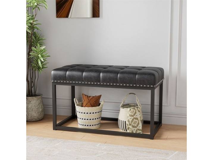 Banc Design Vintage 92cm - 92x46x55cm - Assise Capitonnée en Simili Cuir et Structure en Métal Style Industriel - Noir
