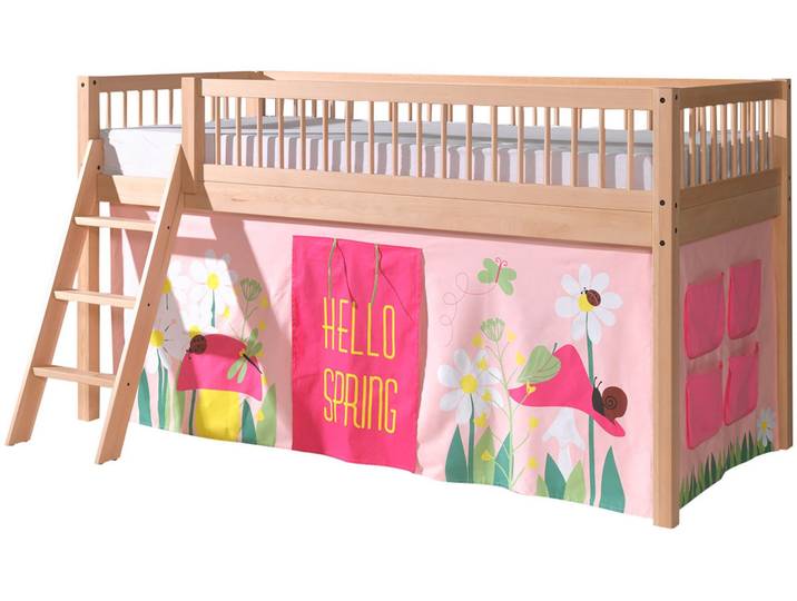 Spielbett VIPACK Forrest, Absturzschutz mit Sprossen-Optik, Pfostenstärken ca. 50x50mm , rosa (buche natur lackiert, buche natur lackiert, buche natur lackiert), B:135,5cm H:114cm L:207,5cm, Betten, Spielbett, 90/200 cm, Spielbereich unter dem Bett, 2 Textil-Set´s zur Wahl