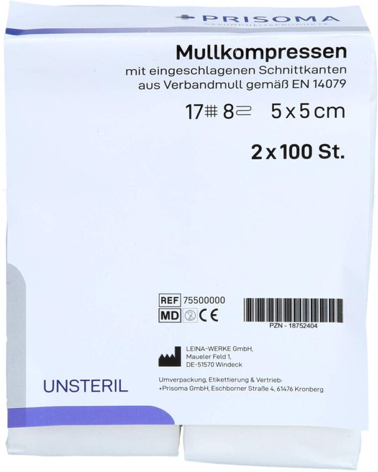 Mullkompressen Prisoma 5x5 Cm Unsteril 8fach 2X100stk