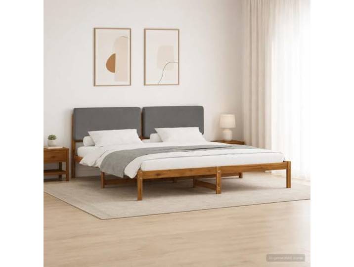 Bett mit Kopfteil aus massivem Akazienholz und Leinenimitat Rechteckiges Bett, gepolstertes Kopfteil, abnehmbarer und waschbarer Bezug, moderner Stil, Akazienholz