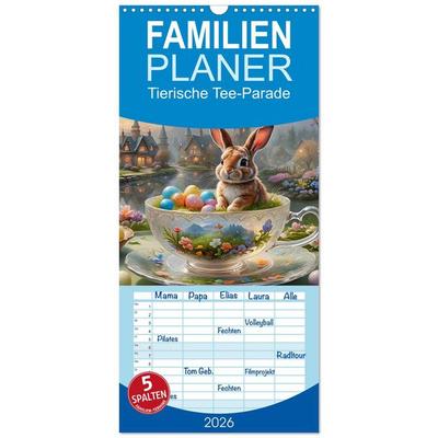 Familienplaner 2026 - Tierische Tee-Parade mit 5 Spalten (Wandkalender, 21 x 45 cm) CALVENDO