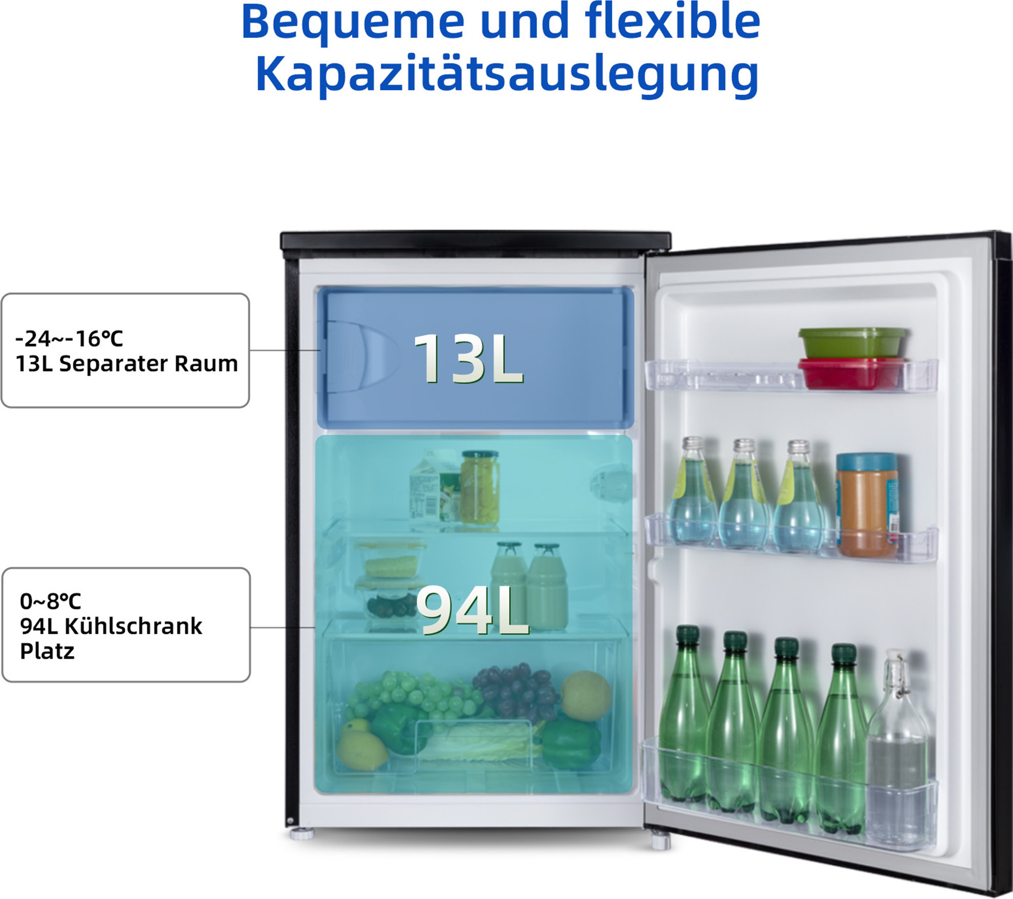 ChiQ CTT107BC Kühlschrank mit Gefrierfach, 7 Temperaturregelstufen, geräuscharm, schwarz