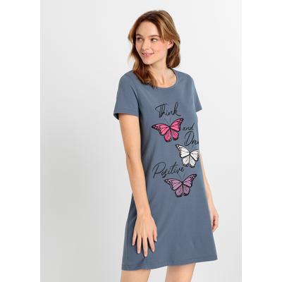Nachthemd BONPRIX, Damen, Gr. 52/54 (XXL), N-Gr, Kurzarm, Jersey, blau (rauchblau bedruckt), Jersey, Obermaterial: 100% Baumwolle, bedruckt, unifarben, Basic, Basic ca. Mitte Oberschenkel, Rundhals, Kleider Nachthemd, aus reiner Baumwolle, mit...