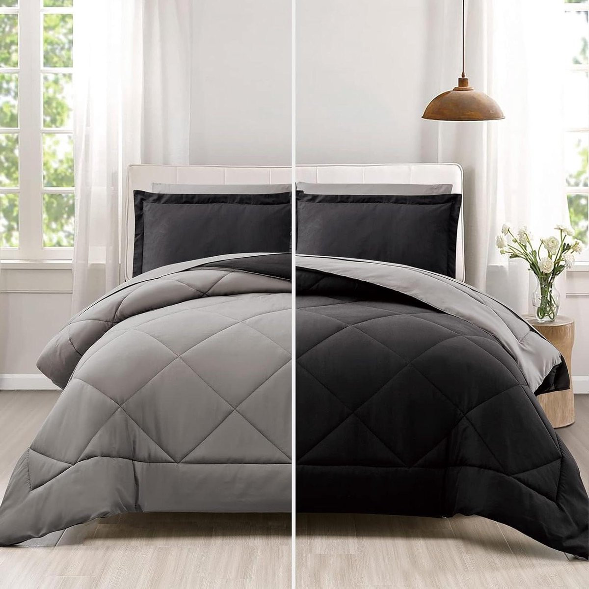 Dekbedset 7 stuks Kingsize - Omkeerbaar design - Zwart grijs