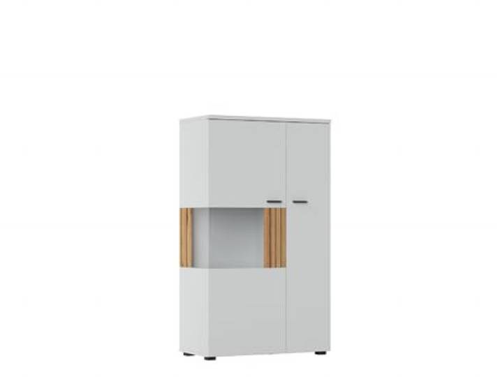 möbelando Stauraumvitrine >Alverno< 2 Türen, in Asche/Coast Evoke Eiche Lamelle-Dekor - 80x139x40 (BxHxT)