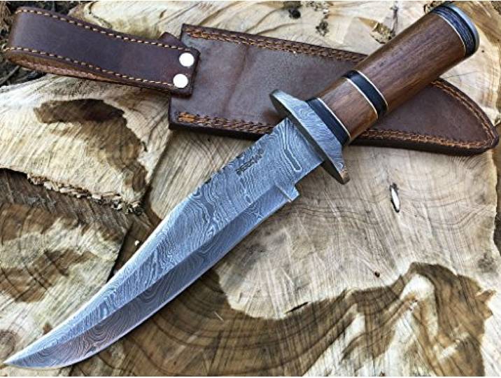 Perkin Knives Damast Jagdmesser mit Lederscheide - Bowie messer