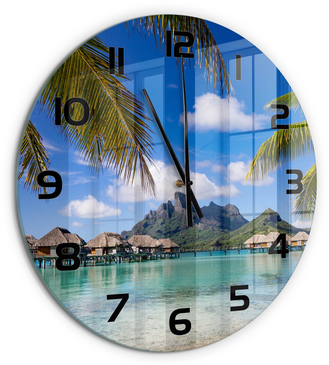 Tulup Wandklok Palmbomen in Bora Bora - Ronde Glazen Wandklok met Veelkleurige Opdruk en Zwarte Handen - Diameter: 60 cm