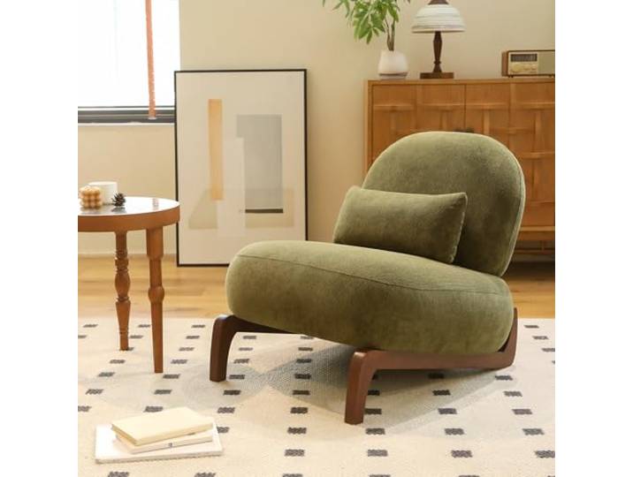 VILUXE Akzentsessel mit Massivholzbeinen Stoff Grün Moderner Polstersessel ohne Armlehnen mit weicher Sitzfläche und Massivholzbeinen, für Wohnzimmer, Schlafzimmer und Leseecke