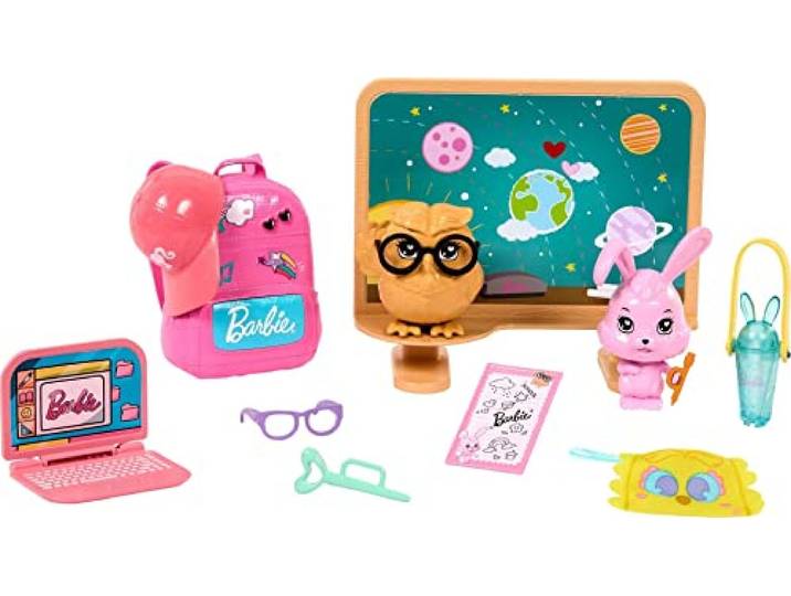 Barbie Zubehör, Vorschulspielzeug und Geschenke, My First Story Starter Packs, Schulthema mit Rucksack, Haustieren und Kreidetafel