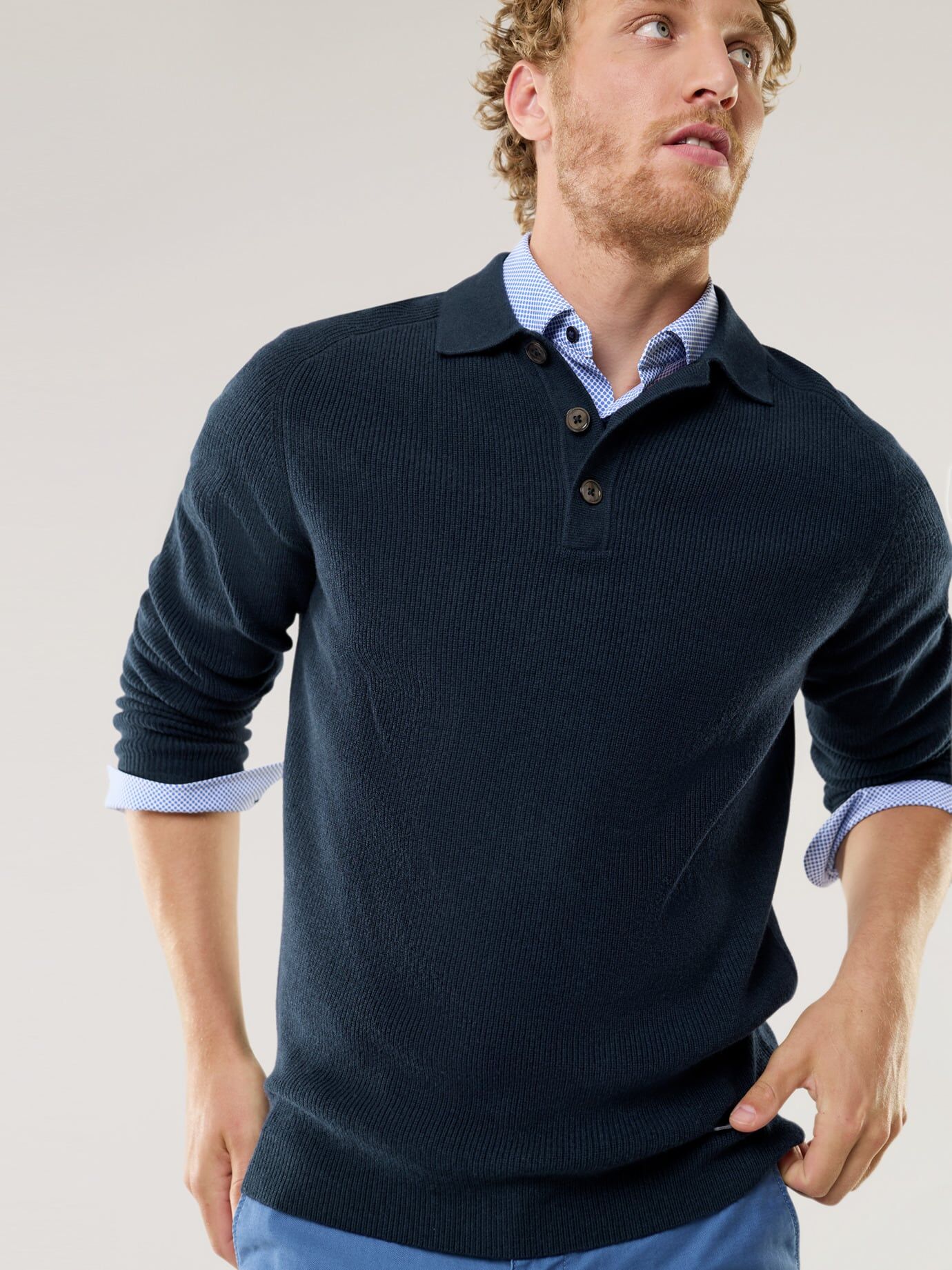 Walbusch Patentstrick-Polopullover, , Farbe Blau, 56, klimatisierender Wollmix echte Perlmuttknöpfe Herren