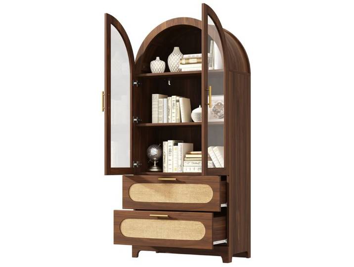 LPOSPI Vitrine Bibliothèque avec 3 Étagères Réglables et 2 Tiroirs - Portes Vitrées Style Rétro MDF Bois - 80 × 40 × 175 cm