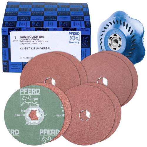 PFERD TOOLS 42098001 COMBICLICK-Fiberscheiben-Set Korund Ø125mm A36, 60, 80, 120 mit CC-H-GT-Stützteller für universelle