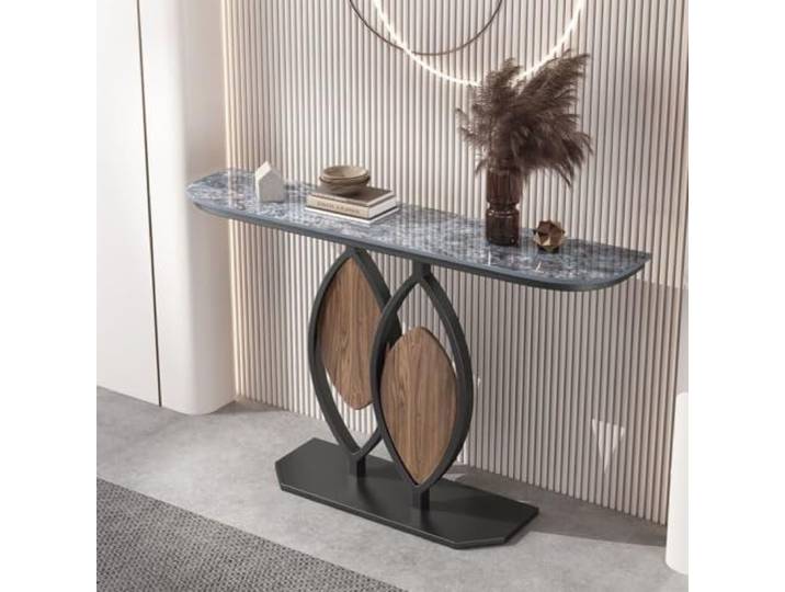 Moderner Konsolentisch mit Sinterstein, schmaler Flurtisch für Eingang Sintersteinplatte, kratzfest, schmaler Flurtisch, Metallgestell, modernes Design(Black+Gray,59.1in*11.8in)