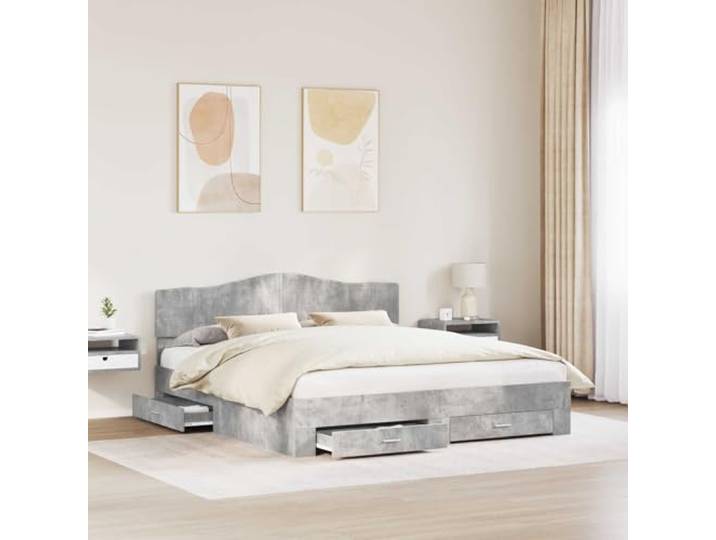 KTHLBRH Bettgestell mit Kopfteil betongrau 200x200 cm Technisches Holz, mit Schubladen und Lattenrost, leicht zu reinigen, modernes Zimmer