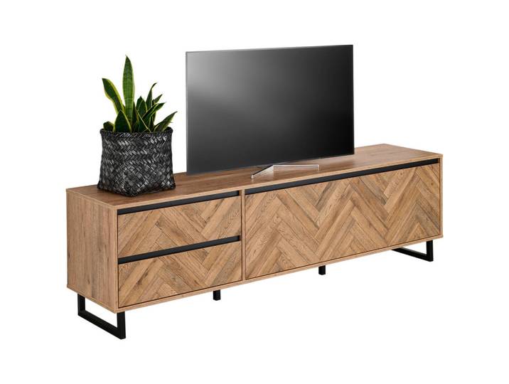 Hom`in Tv-Element, Schwarz, Eiche, Metall, 2 Schublade(n) Schubladen, 186.4x53.8x42 cm, Wohnzimmer, TV Möbel, TV-Racks