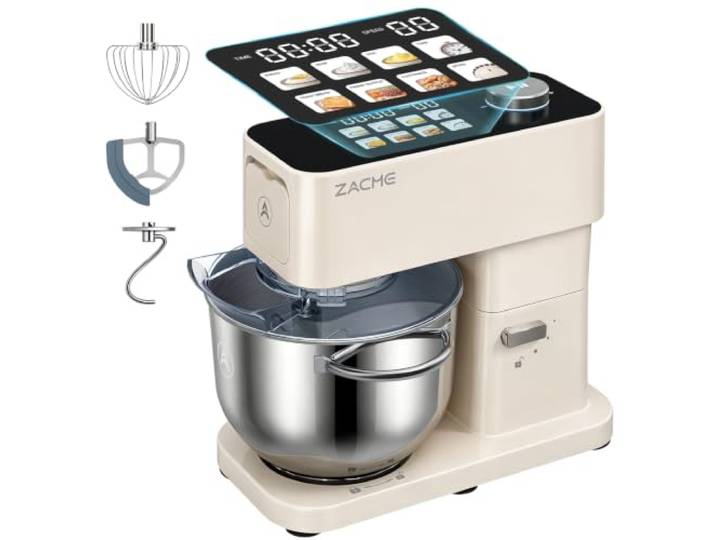 ZACME Küchenmaschine 1200W 5,2L Edelstahl-Schüssel Leiser DC-Motor 11-Stufen-Getriebe inkl. 3 Rührwerkzeuge (Knethaken, Rührbesen, Schneebesen) Vollmetall-Gehäuse Beige