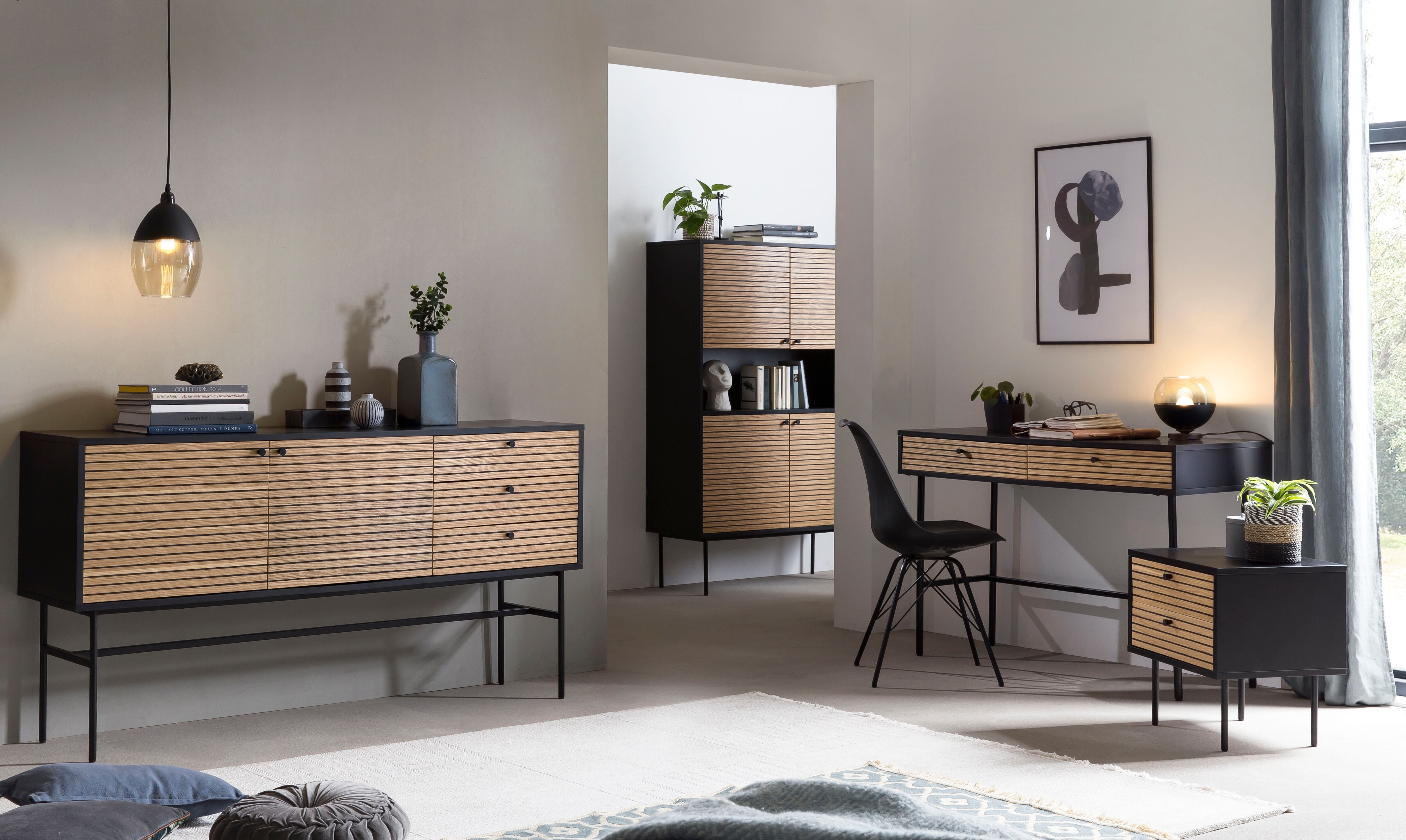 Nachtkommode SALESFEVER "Torsby Charmanter Nachtisch", beige (natur), B:50cm H:50cm T:40cm, Furnier, MDF, Metall, Sideboards, Nachtkommode, Ästhetik trifft Funktion im Scandi Design natur B/H/T: 50cm x 50cm x 40cm, Nachtkommode Schwarz/Eiche Echtholzfurni