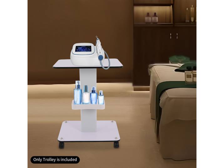 Grande poussette de bureau en métal avec planche de bois blanche, pour spectromètres, chariot roulant de beauté, chariot pour instruments de beauté pour Salons de beauté