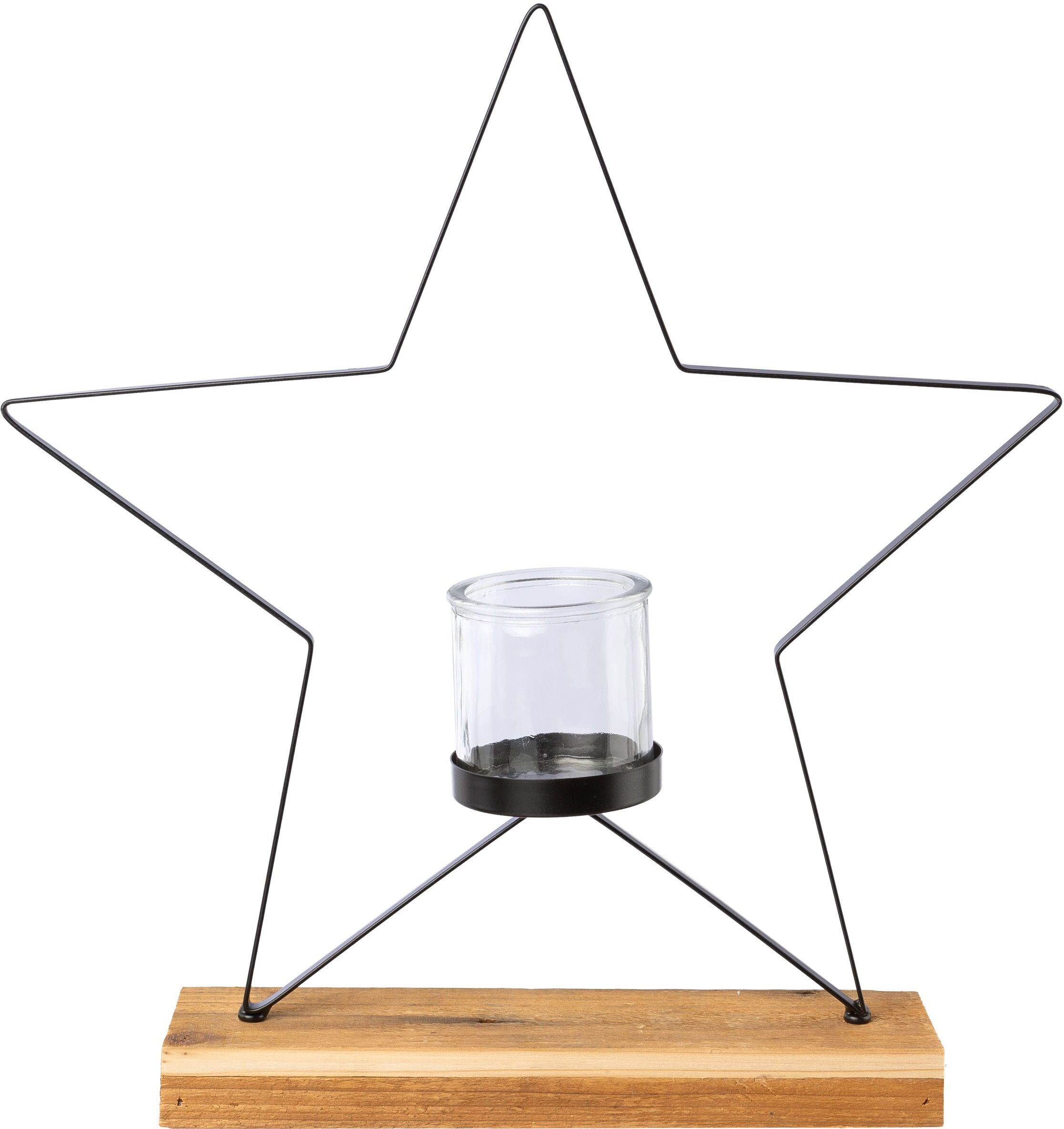 Windlicht CREATIV DECO "Weihnachtsdeko", schwarz, B:40cm H:41cm T:8cm, Metall, Kerzenhalter, Windlicht, auf edlem Holzfuss, in Stern-Form, Höhe ca. 41 cm schwarz B/H/T: 40cm x 41cm x 8cm