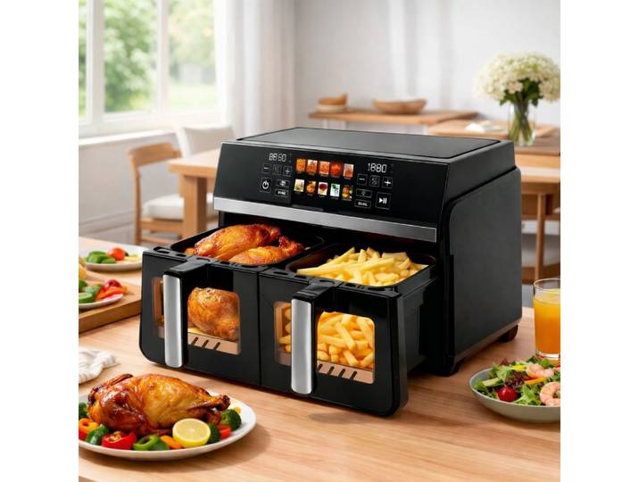 ZMH Heißluftfritteuse 2 Kammern, 10L Airfryer Doppelkammer Einkammer Verstellbar, 2200 W, 10 in 1 Doppelkammer Temperatur Separat Regeln Touchscreen