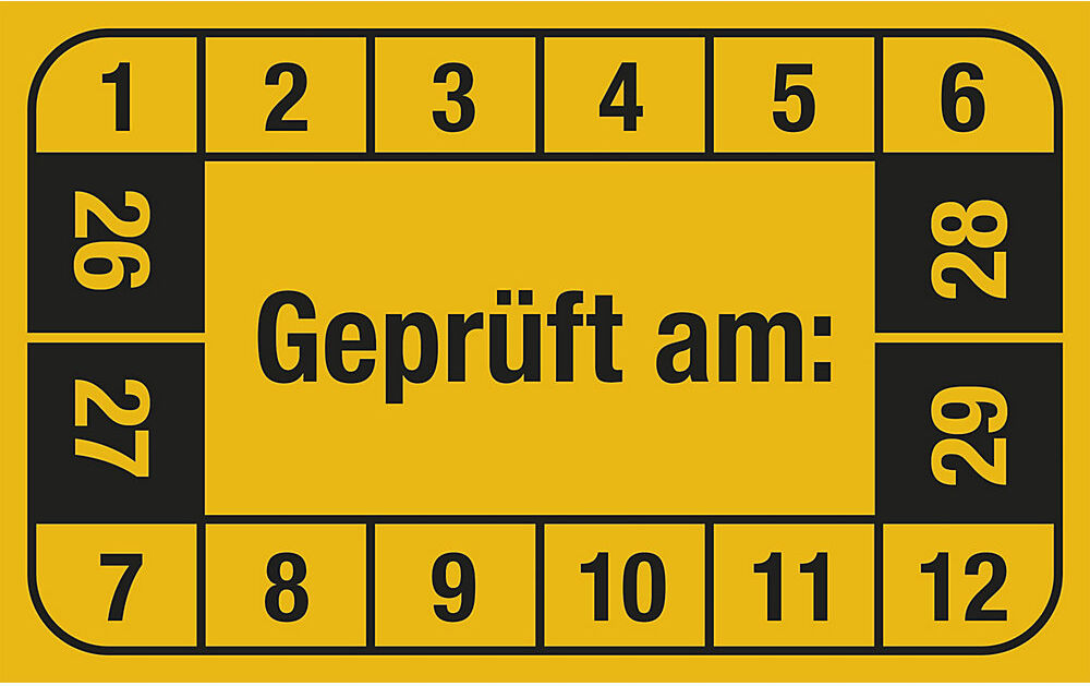 kaiserkraft Mehrjahresplakette, Geprüft am, LxH 40 x 25 mm, VE 10 Stk, gelb, 26 - 29