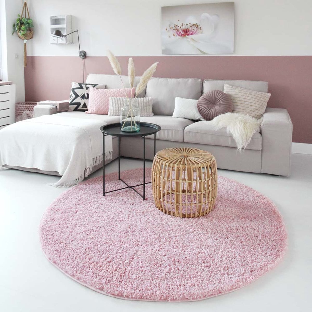 Rond hoogpolig vloerkleed Shaggy Trend lichtroze