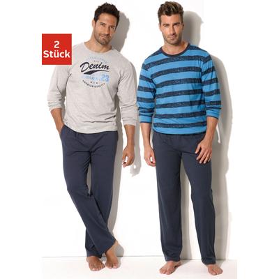 Pyjama H.I.S, Herren, Gr. 44/46 (S), blau (marine, grau, meliert, marine, aquablau), Jersey, Obermaterial: 100% Baumwolle, bedruckt, gestreift, Basic, bequem lang, Rundhals, abgesteppte Kante, Homewear-Sets Pyjama, Schlafanzug mit unterschiedlichem...