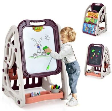 Costway 3-in-1 Kids Art Easel Double-Sided Tabletop Easel with Art Accessories-Red