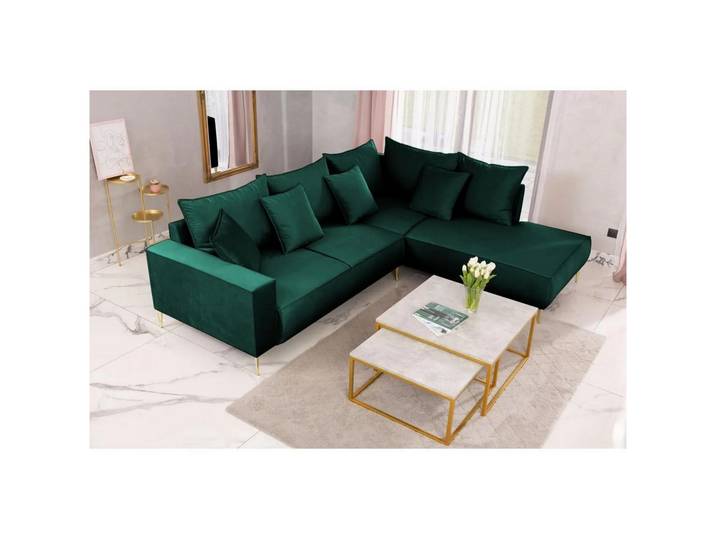 Muffo Ecksofa MONTE, Sitz aus HR-Schaum, hohe goldene Metallbeine, große Anzahl von Zierkissen