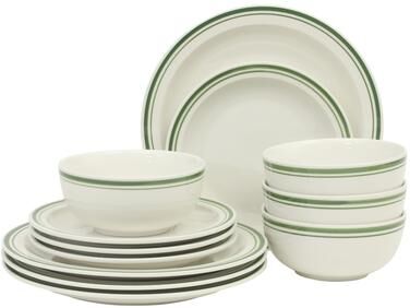 Gibson Home Hometown Diner 12-Piece Porcelain Dinnerware Set, Round Plates and Bowls Set for 4,Color Rim Dishwasher Safe