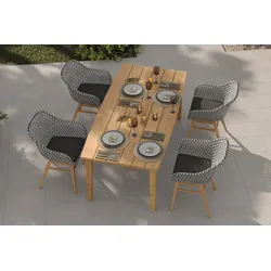 OUTFLEXX Bali Garten-Essgruppe mit 4 Dining Sesseln, schwarz/weiß/natur, Akazie/Polyrattan, Tisch 180 x 90 cm, FSC®-zertifiziert