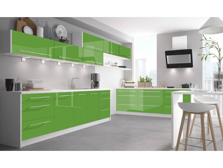 Küchenblock Küchenzeile 490cm weiß / gelbgrün Hochglanz lackiert