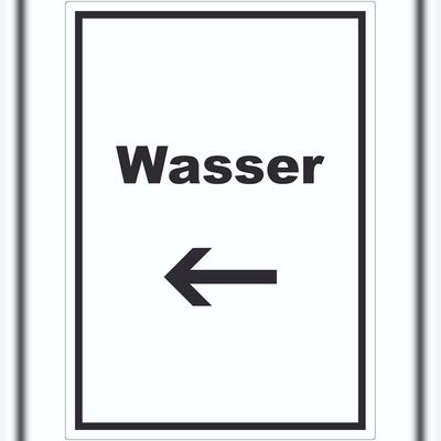 HB-Druck Wasser Aufkleber mit Text und Richtungspfeil links Anschluss hochkant A6 (105x148mm)