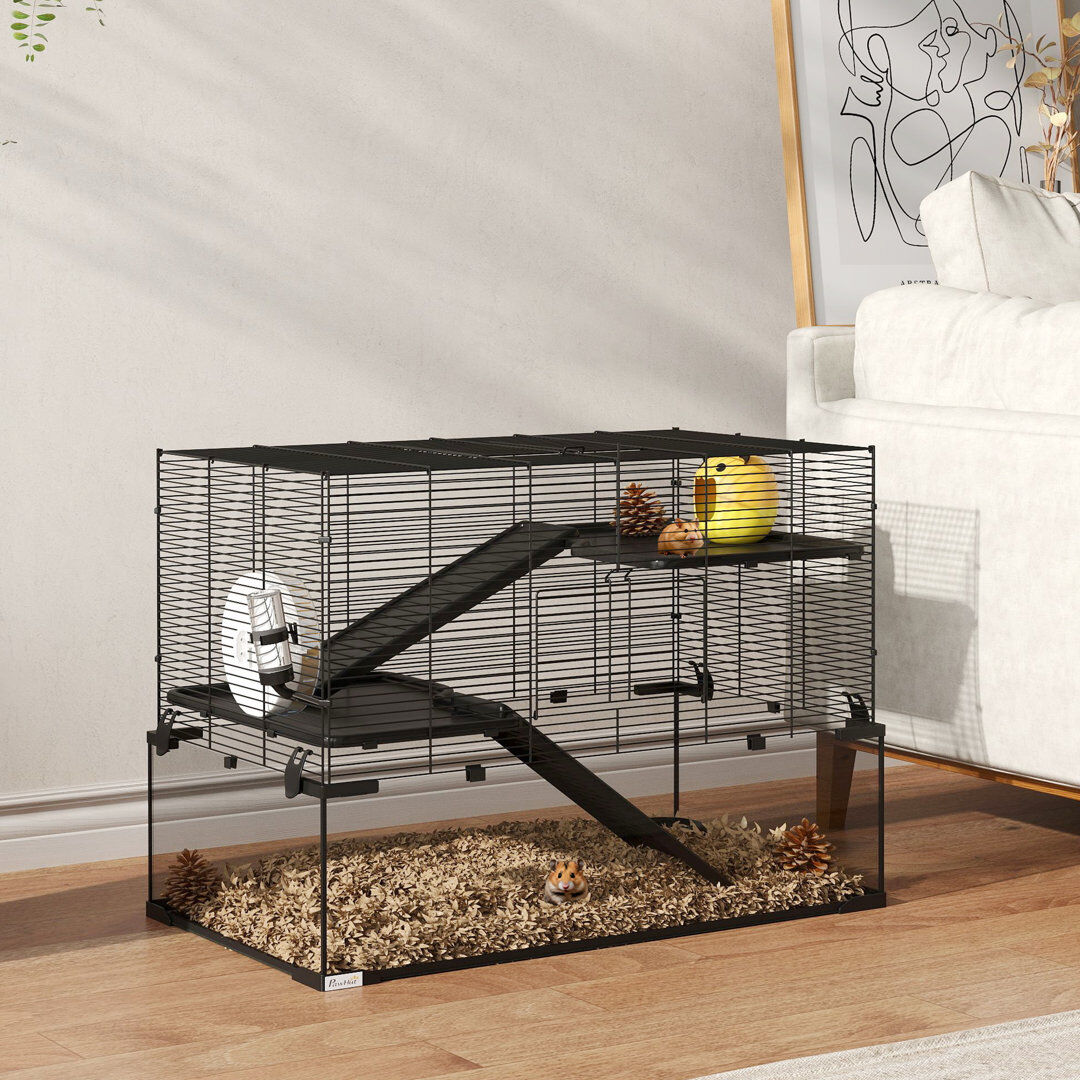 PawHut 3 Tiers Hamster Cage with Deep Glass Bottom Natural 54.5cm H x 76.5cm W x 48.5cm D