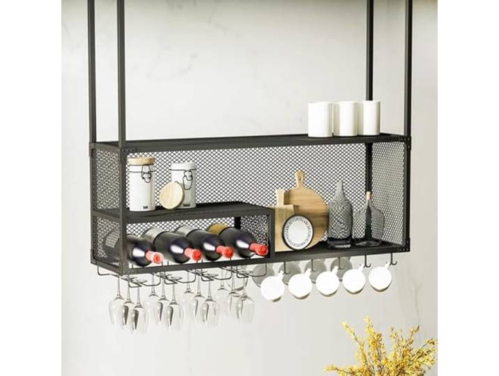 OOPDNEGAK Industrielles 2-stöckiges Hänge-Weinregal Mit Glashalter Ablage, Deckenmontierter Flaschenhalter Eisen, Hängender Weinglashalter, Decken-Weinregal-Präsentationsständer(Blak,120 * 30cm)