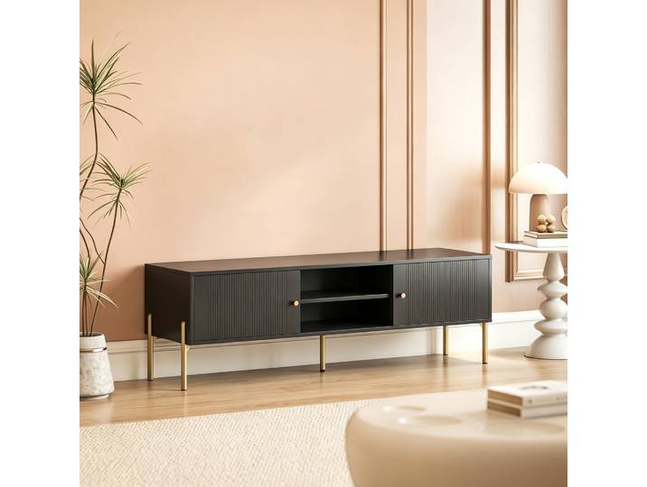 HOMCOM Meuble TV Noir 140cm Portes Cannelées Pieds Acier 65