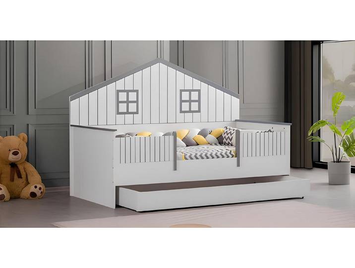 JVmoebel Kinderbett Hochwertiges Holz-Kinderbett in Weiß mit praktischer Schublade (1-tlg., Bett), Made in Europa