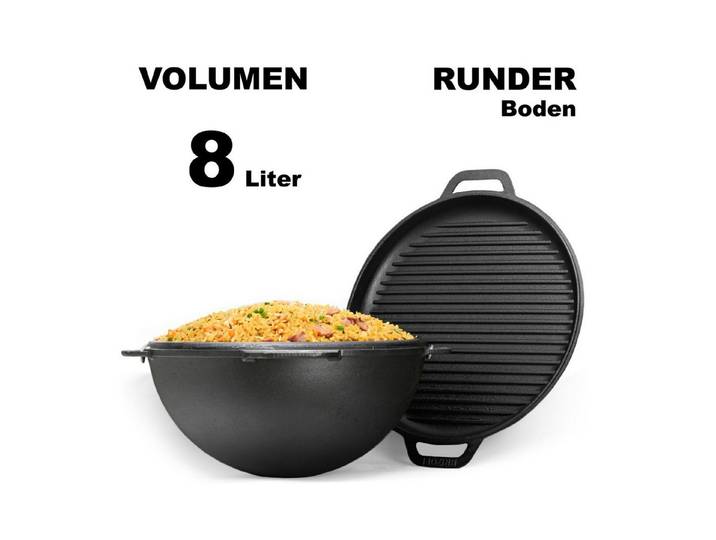 BIG-PAN Wok 8L Schwenktopf Gusseisen Kasan Deckel-Grillpfanne