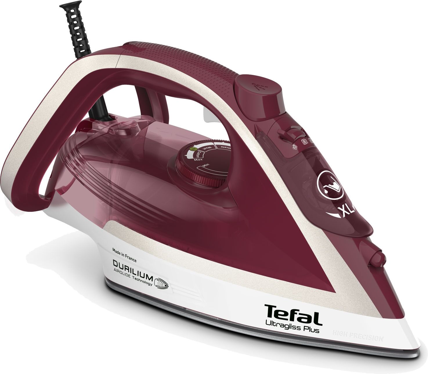 Tefal Dampfbügeleisen "Ultragliss Plus, 2800 Watt, Dampfstoß: 250 g/Min., kurze Aufheizzeit", rot (weiß, rot), B:13,5cm H:15,5cm T:30,5cm, Bügeleisen, Eco Mode, kratzfeste Bügelsohle, dunkelrot/silber, FV6810, Dampfbügeleisen