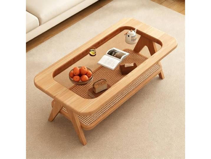 Moderner Holz-Couchtisch mit gehärteter Glasplatte und Massivholzrahmen Gehärtetes Glas, Massivholzrahmen, zweistufige Ablage, einfache Montage,Wohnzimmer & gehobene Innenräume(A,39.4in)
