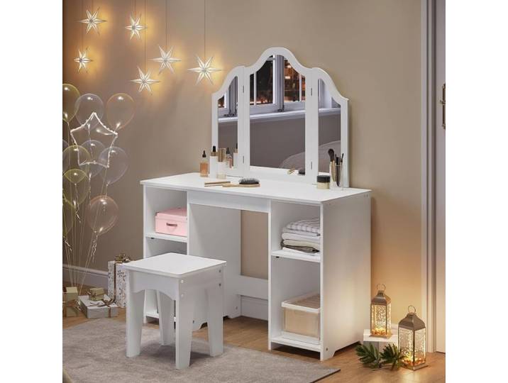 Coiffeuse avec Tabouret pour Fille - WOLTU Table de Maquillage Mignon - Triple Miroir Amovible - Blanc