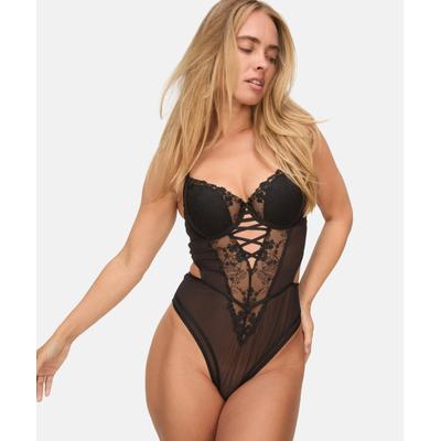 Body HUNKEMÖLLER "Body Peonie", Damen, Gr. 75E, BH-Cupgröße E, schwarz, 53% Polyester, 44% Polyamid, 3% Elasthan, Bodys Body