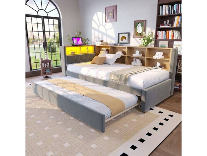 Canapé-lit convertible - Flanelle gris foncé 90x200+90x190 - Rangement multiple - LED & ports USB/Type-C/prise - Anti-tâche