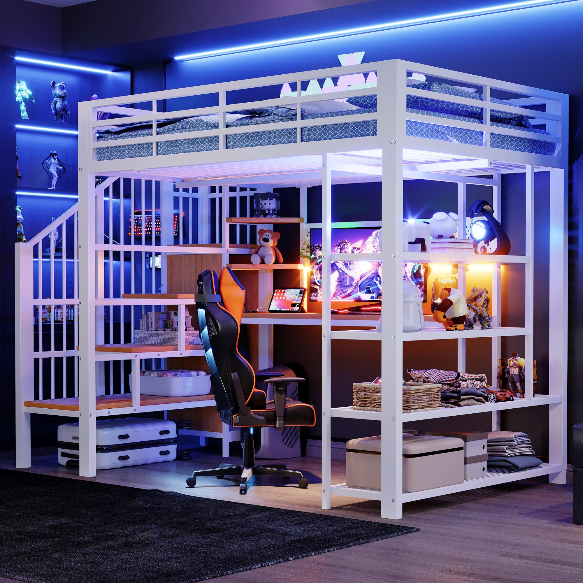Merax Etagenbett Hochbett 140x200 cm mit Schreibtisch und LED-Beleuchtung, Kinderbett mit Lochwand und Stauraumtreppe, Metallbett mit Regal, Weiß
