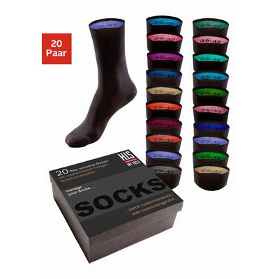 Socken H.I.S "für Damen und Herren, perfekt zu sortieren mit farbigem Innenbündchen.", Herren, Gr. 35-38, Sockengröße, schwarz (20x schwarz), Baumwolle, Elasthan, Polyamid, unifarben, elastisch, Socken Socken, in praktischer Geschenkbox, für Beruf...