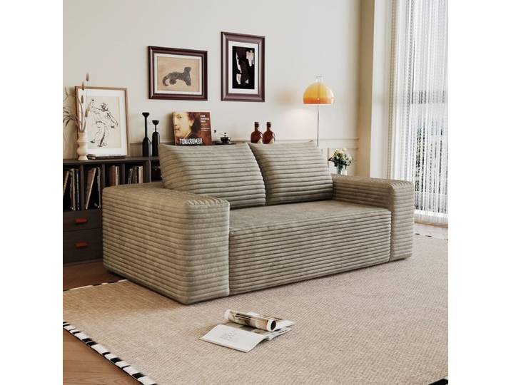 Canapé Droit Compressé 180 cm sans Montage - MODENVIE - Accoudoirs Garnissage Mousse Velours Côtelé Camel